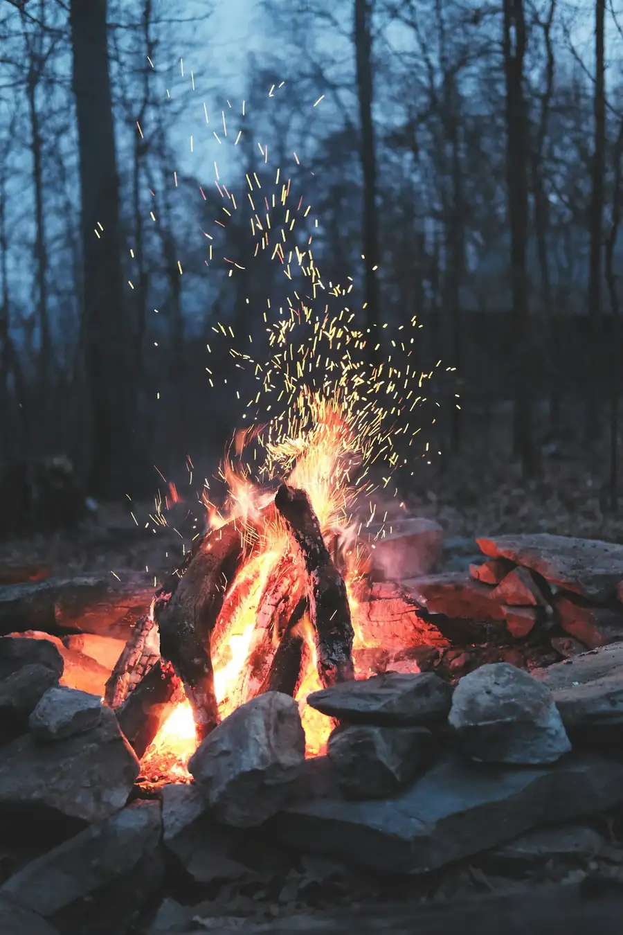 Lagerfeuer mit Funkenflug im Wald