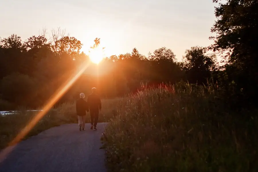 Zwei Personen auf einem Weg im Gegenlicht des Abends